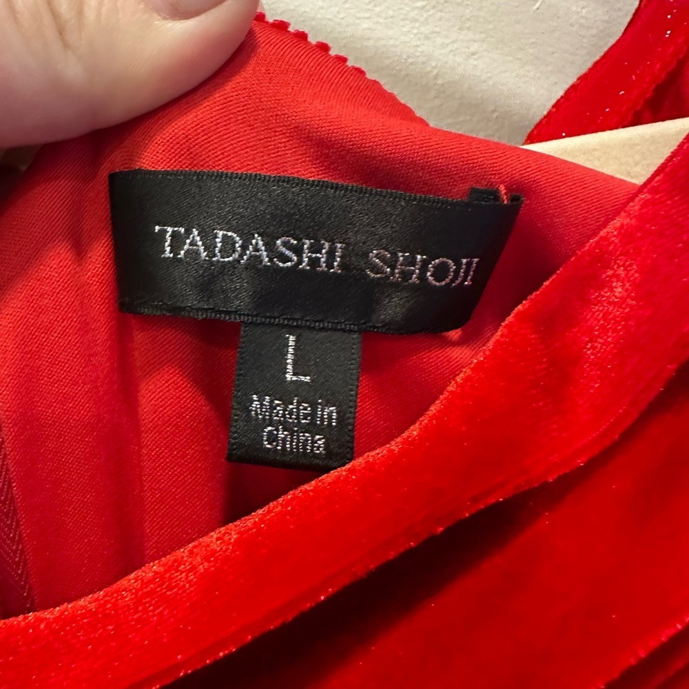 Tadashi Shoji Cidra Velvet Waterfall Cranberry Red Stretch Gown Large NWT - Picture 9 of 11
